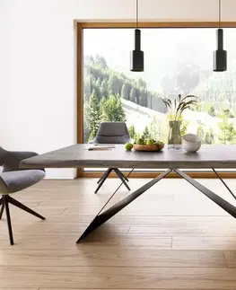 Jedálenské stoly DELIFE Jedálenský stôl Edge 220x100 XL akácia platinová podstava v tvare V plochá oceľ čierna Live-Edge