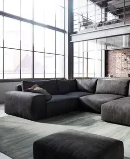Sedacie súpravy XL DELIFE Pohovka v tvare "U" Lanzo 300x210 cm imitácia kože vintage antracitová ležadlo variabilné s taburetom