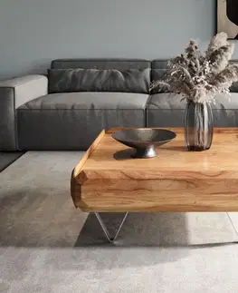 Konferenčné stolíky DELIFE Konferenčný stolík Kiano 90x90 cm akácia prírodná 2 zásuvky podstava v tvare V nerezová oceľ