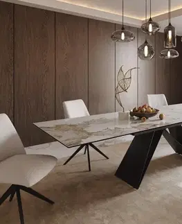 Jedálenské stoly DELIFE Jedálenský stôl Edge 200-300x100 keramika Minas melange bielo-béžová podstava v tvare V plochá oceľ čierna rozkladací
