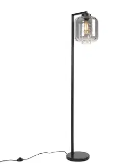 Stojace lampy Dizajnová stojaca lampa čierna s dymovým sklom - Qara Down
