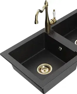 Kuchynské drezy MEXEN/S MEXEN/S - Mario granitový drez 2-bowl vrátane batérie Carla, čierna/strieborná metalík 6504-73-670700-50