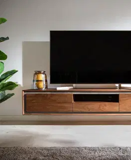 Televízne stolíky DELIFE TV stolík Stonegrace 175 cm akácia hnedá kamenná dyha 2 dvierka 1 zásuvka 1 priehradka závesný