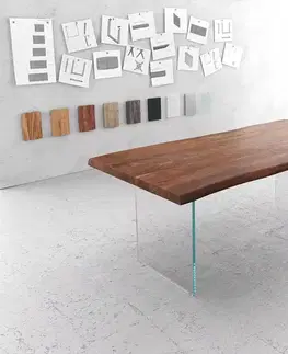 Jedálenské stoly DELIFE Jedálenský stôl Edge 200x100 cm XL akácia hnedá sklo Live-Edge
