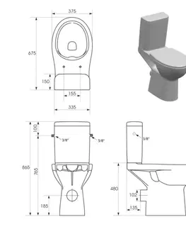 Záchody SAPHO - HANDICAP WC kombi misa zvýšená Rimless, zadný odpad, biela K11-0221