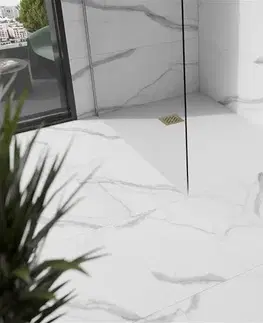 Vane MEXEN/S - Stone+ obdĺžniková sprchová vanička 110 x 70, biela, mriežka zlatá 44107011-G