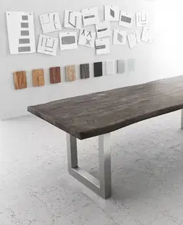 Jedálenské stoly DELIFE Jedálenský stôl Edge 260×100 XL akácia platinová nerezová oceľ široký Live-Edge