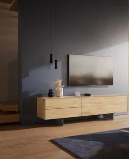 Televízne stolíky DELIFE TV stolík Cuor 180 cm keramika Laminam® Sabbia dubová farba 1 výklopné dvierka 2 zásuvky podstava závesná nerezová oceľ