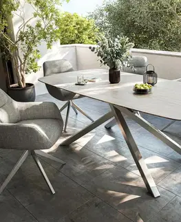 Záhradné stoly DELIFE Záhradný jedálenský stôl Edge zaoblený 200x100 cm keramika Laminam® Travertino Bianco krémovo biela krížová podstava obdĺžnik nerezová oceľ