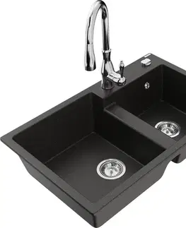 Kuchynské drezy MEXEN/S MEXEN/S - Tomas granitový drez 2-bowl vrátane batérie Savita, čierna/zlatá metalik 6516-75-672601-00