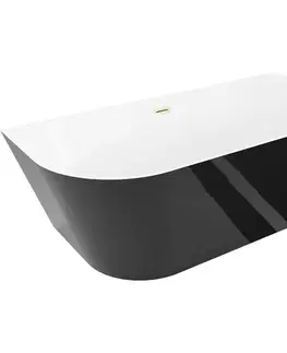 Vane MEXEN/S - Oval Slim voľne stojaca vaňa nástenná 170 x 80, biela/čierna, sifón a prepad zlatá kartáčovaná 52661708075-55