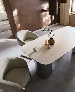 Jedálenské stoly DELIFE Jedálenský stôl Edge zaoblený tvar 200x100 keramika Laminam® Travertino Bianco bielo-krémová Troa nerezová oceľ kefovaná