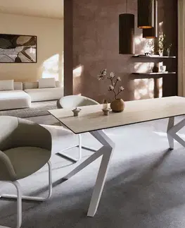 Jedálenské stoly DELIFE Jedálenský stôl Edge 200x100 keramika Laminam® Travertino Bianco bielo-krémová Zenthara hranatý kov biela