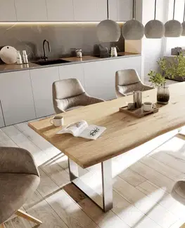 Jedálenské stoly DELIFE Jedálenský stôl Edge 260x100x2,5-3 dub prírodný nerezová oceľ úzky Live-Edge