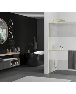 Sprchové dvere MEXEN/S - Kioto+ L Sprchová zástena WALK-IN s poličkou a držiakom uterákov 80 x 200, transparent/dekor, zlatá kartáčovaná 800-080-123-55-35