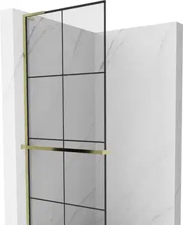 Sprchové dvere MEXEN/S - Kioto+ L Sprchová zástena WALK-IN s poličkou a držiakom uterákov 80 x 200, čierny vzor, zlatá 800-080-123-50-77