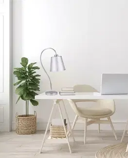 Stolové lampy Chrómová kancelárska stolová lampa s látkovým tienidlom Luk