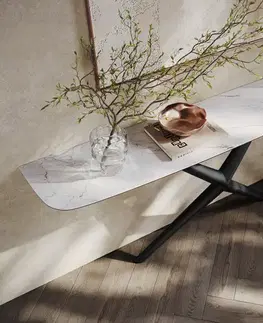 Konzolové stolíky DELIFE Konzolový stolík Edge zaoblený tvar 180×40 cm keramika Laminam® Statuarietto biela Estelo kov čierna