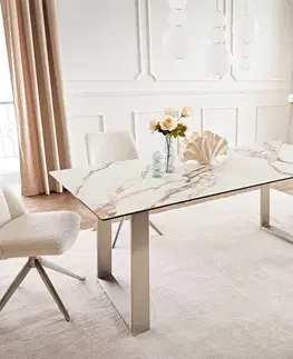 Jedálenské stoly DELIFE Jedálenský stôl Edge 200x100 keramika Calacatta Luxe bielo-zlato-šedá nerezová oceľ úzky