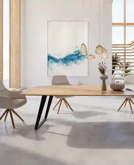 Jedálenské stoly DELIFE Jedálenský stôl Edge zaoblený tvar 300x120x2,5-3 dub prírodný kov šikmý čierny švajčiarska hrana