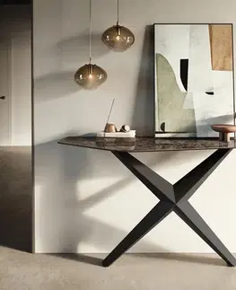 Konzolové stolíky DELIFE Konzolový stolík Edge polygonálny 140×50 cm keramika emperador extra leštená tmavohnedá Zentharo kov čierna