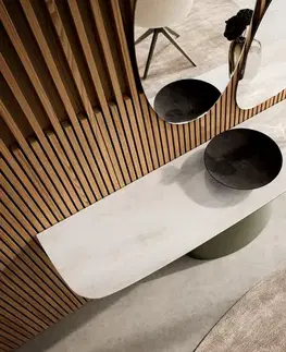 Konzolové stolíky DELIFE Konzolový stolík Edge zaoblený tvar 180×40 cm keramika onyx šampanské Conos kov titánová farba