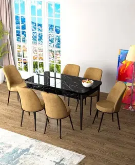 Jedálenské sety Extendable Dining Table & Chairs Set (7 Pieces) Zen - Black Marble, Cappuccino