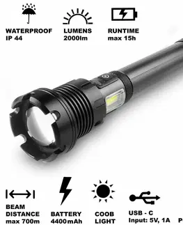 Svetlá a baterky Retlux RLP 401 Taktické ručné nabíjacie LED svietidlo, dosvit 800 m, výdrž 15 hodín
