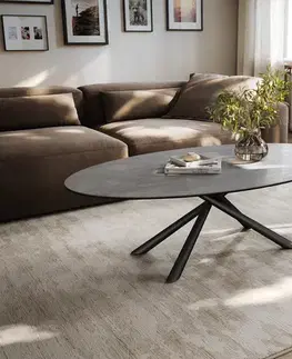 Konferenčné stolíky DELIFE Konferenčný stolík Edge oválny 140×80 cm keramika betón sivá Sarity kov čierna