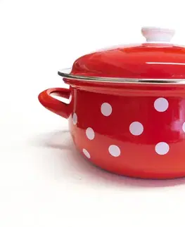 Hrnce BELIS - Hrniec a pokrievky smalt 18cm 2,8L, červený biele bodky