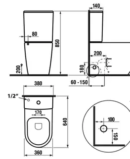 Záchody SAPHO - TURKU kombi WC, Vortex Rimless, spodný/zadný odpad, biela PC104V