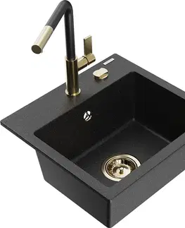 Kuchynské drezy MEXEN/S MEXEN/S - Milo granitový drez 1-miska vrátane batérie Flora, čierna/strieborná metalík 6505-73-670401-57-G