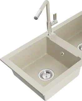 Kuchynské drezy MEXEN/S MEXEN/S - Mario granitový drez 2-bowl vrátane batérie Flora, béžová 6504-69-670401-09