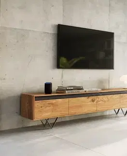 Televízne stolíky DELIFE Dizajnový TV stolík Stonegrace 200 cm akácia prírodná bridlica 4 zásuvky