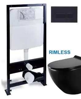 Závesné wc sety PRIM predstenový inštalačný systém s čiernym tlačidlom 20/0044 + WC MEXEN LENA ČERNÁ Rimless + SEDADLO PRIM_20/0026 44 ME01