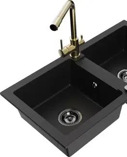 Kuchynské drezy MEXEN/S MEXEN/S - Mario granitový drez 2-bowl vrátane batérie Duero, čierna 6504-77-671600-50-B