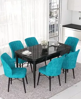 Jedálenské sety Extendable Dining Table & Chairs Set (7 Pieces) Nef - Black Marble, Turquoise