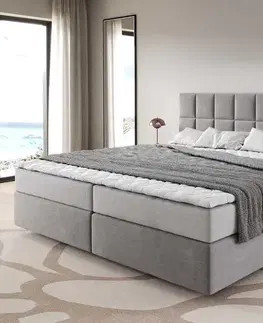 Postele Boxspring DELIFE Boxspring posteľ Dream-Fine mikrovlákno sivá 200x200 cm s vreckovou pružinovou matracou a topperom Visco