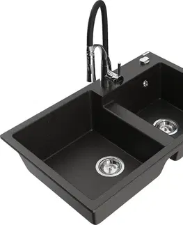 Kuchynské drezy MEXEN/S MEXEN/S - Tomas granitový drez 2-bowl vrátane batérie Aster, čierna/zlatá metalik 6516-75-73450-07