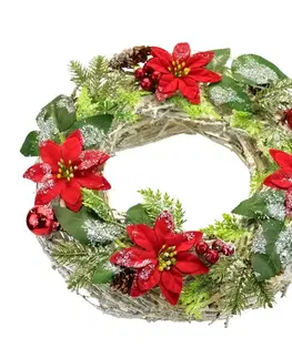 Vianočné dekorácie Vianočný ozdobený veniec Poinsettia a prútie, 30 cm