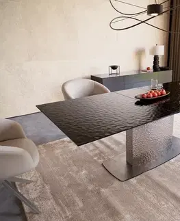 Jedálenské stoly DELIFE Jedálenský stôl Edge 180-220x100 reliéfne sklo dymovo čierna 3D dizajn vlna nerezová oceľ rozkladací