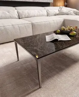 Konferenčné stolíky DELIFE Konferenčný stolík Levente 110x60 cm keramika Laminam® Emperador Extra Lucidato tmavohnedá podstava nerezová oceľ strieborná