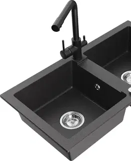 Kuchynské drezy MEXEN/S MEXEN/S - Mario granitový drez 2-bowl vrátane batérie Duero, čierna kropenatá 6504-76-671600-70