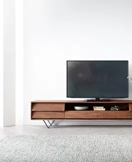 Televízne stolíky DELIFE TV stolík Eloi 240x35 cm akácia hnedá 2 dvierka 2 zásuvky podstava v tvare V čierna
