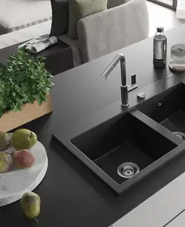 Kuchynské drezy MEXEN MEXEN - Hektor granitový drez 2-bowl 800 x 480 mm, čierna/strieborná metalík, sifón chróm 6521802000-73
