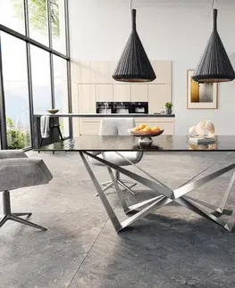 Jedálenské stoly DELIFE Jedálenský stôl Edge 200x100 reliéfne sklo dymovo čierna 3D dizajn Spider plochá oceľ nerezová oceľ