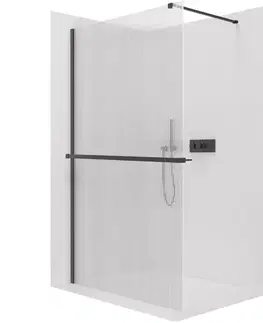 Držadlá k vani CERANO - Sprchová zástěna Walk-in Onyx Cube L/P - 8 mm + polička/držák na ručníky - hranatá vzpěra - černá matná, rýhované sklo - 80x200  CER-8050BD626