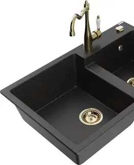 Kuchynské drezy MEXEN/S MEXEN/S - Tomas granitový drez 2-bowl vrátane batérie Carla, čierna/strieborná metalík 6516-73-670700-50