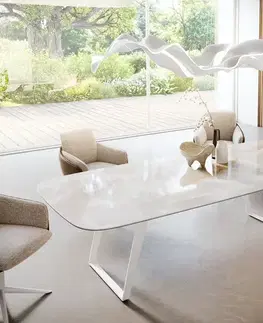 Jedálenské stoly DELIFE Jedálenský stôl Edge zaoblený 270×120 cm keramika Iris FMG Onice Grigio kov šikmý biela