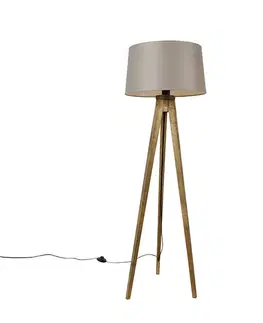 Stojace lampy Rustikálny trojnohý stojaca lampa vintage drevo s ľanovým tienidlom taupe 45 cm - Tripod Classic